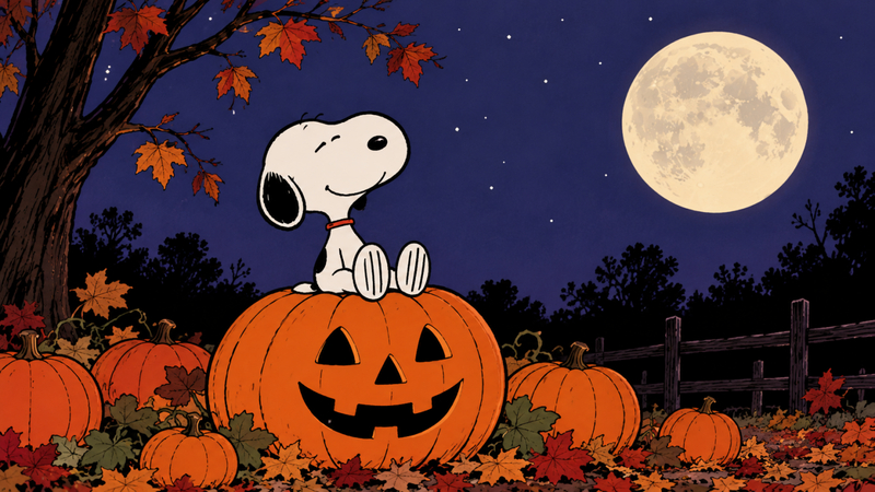 snoopy sitting on a pumpkin under a purple halloween moon
