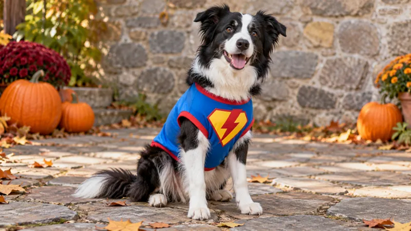 collie wearing blue superhero shirt