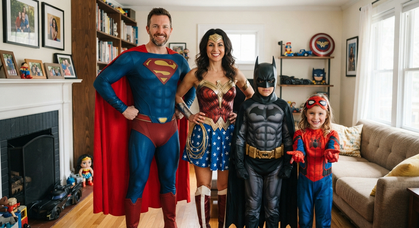 Family of four wearing various iconic comic book superhero costumes