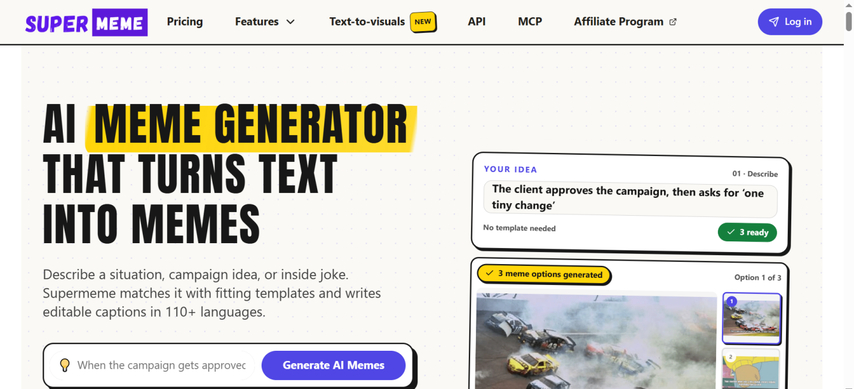 Supermeme.ai prompt screen generating custom funny Halloween memes from text input.