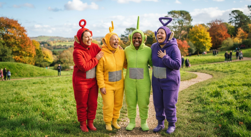 Four friends wearing bright fleece Teletubbies bodysuits with antennae headbands