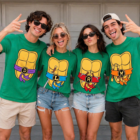 Four individuals wearing green shirts, eye masks, and turtle shells for TMNT