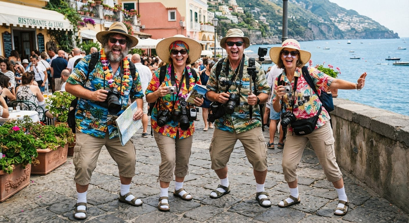Four people dressed in funny vacation tourist attire with cameras and sun hats