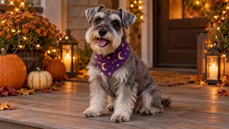 schnauzer wearing purple star bandana
