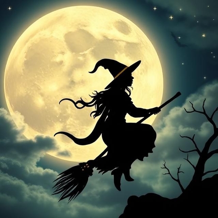 spooky night with flying witch