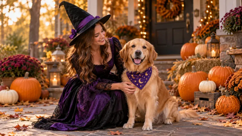 witch beside dog wearing bandana