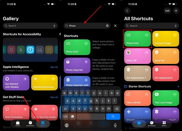 include photo grid shortcut