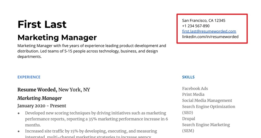 write contact information on cv