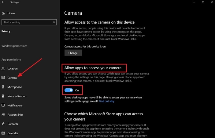 enable camera settings