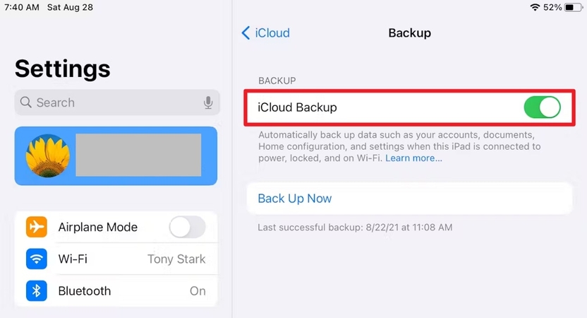 enable icloud backup ipad