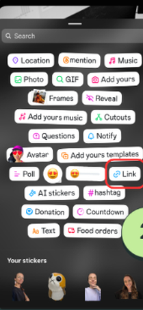 Link in Instagram Story posten Sticker auswählen
