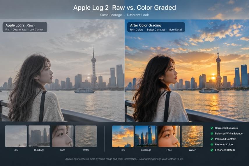 Apple Log 2 الخام مقابل تدريج الألوان