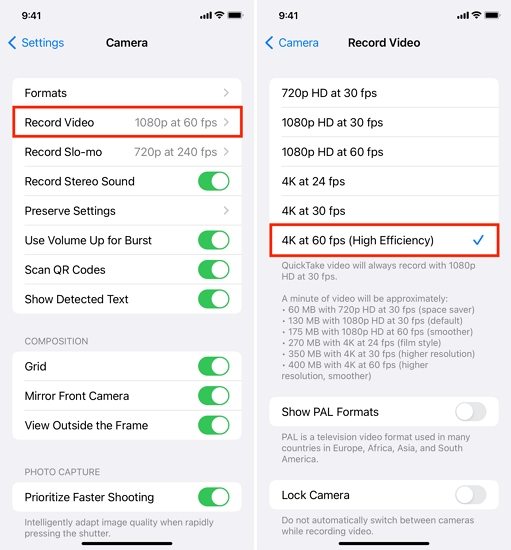 ajustes de gravação da câmera do iphone