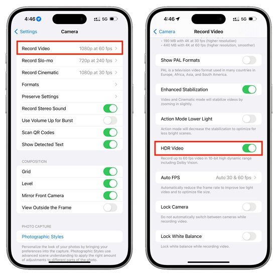 turn off iPhone HDR video