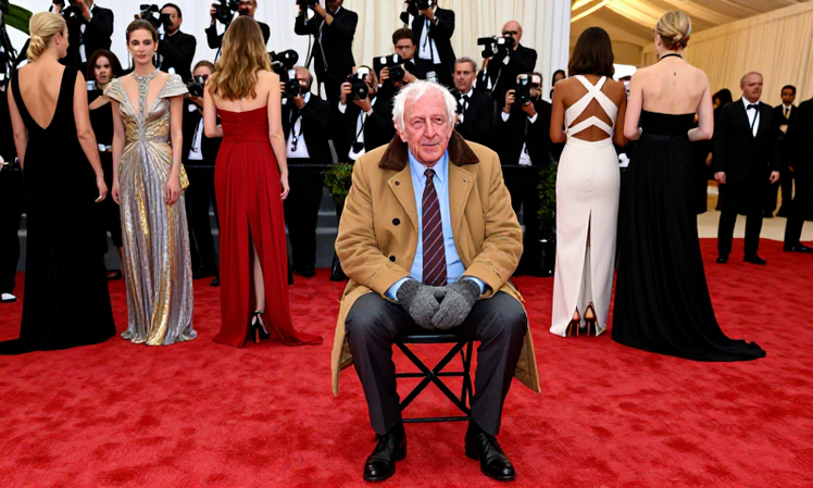 Bernie Sanders meme template at the met gala in mittens