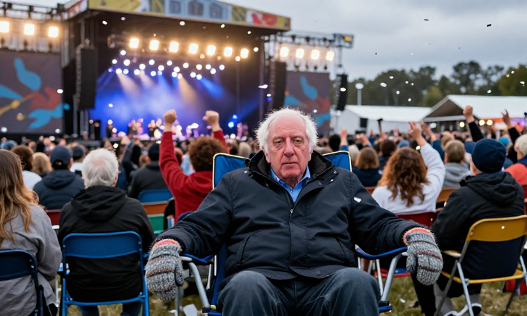 Bernie Sanders meme sitting at music festival front row