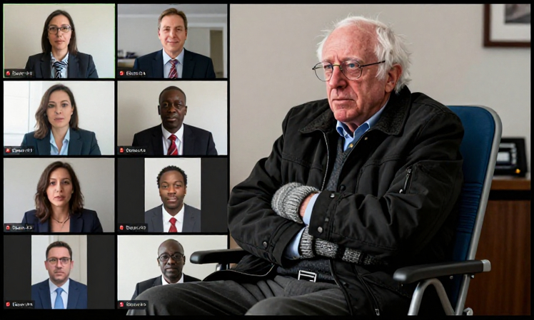 Bernie Sanders meme sitting unbothered in zoom meeting grid