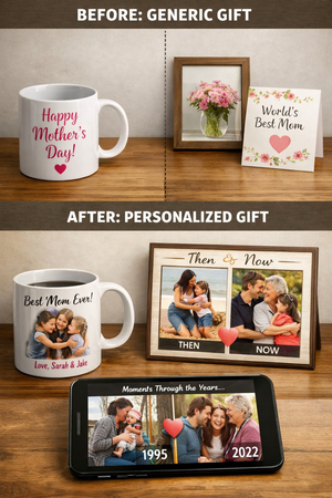 صورة منقسمة تظهر كوباً وبطاقة عادية مقابل كوب صور مخصص وإطار 'قبل وبعد'