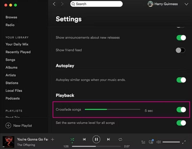 how to turn on crossfade on spotify