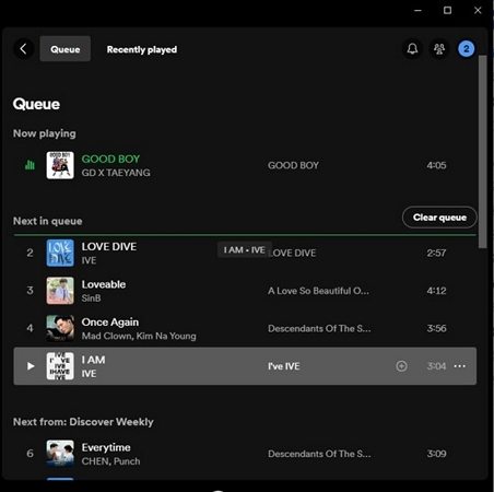 Change the order of the queue on spotify