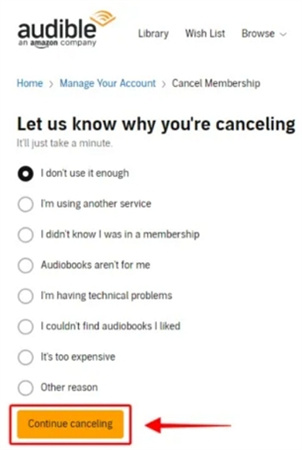 Indicar el motivo de la decisión de cancelar la suscripción a Audible