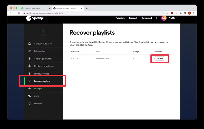 restoring the playlist to your account.