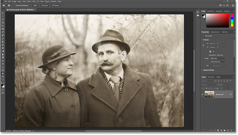 在 Photoshop 中打開的舊黑白照片