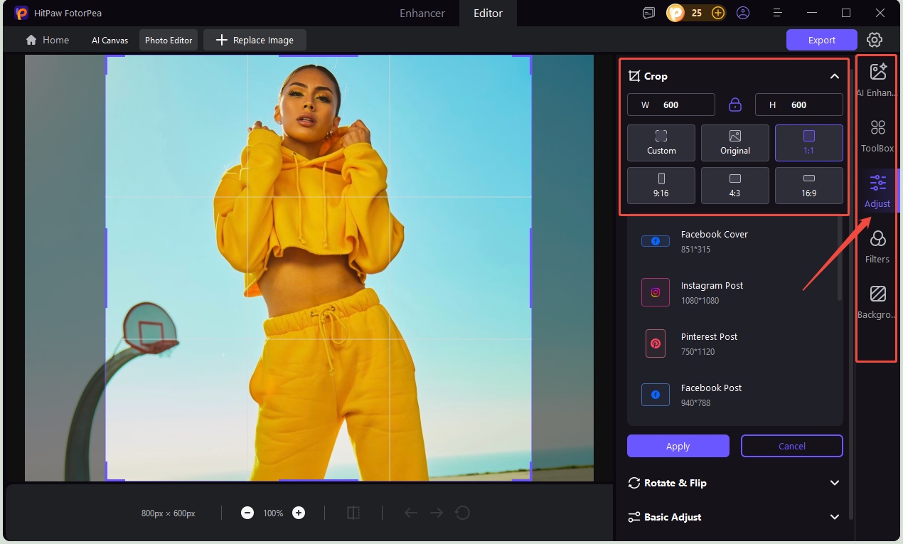 choose suitable photo size on hitpaw fotorpea