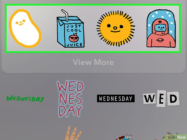 展示 Snapchat 貼紙的截圖,顯示不同的貼紙