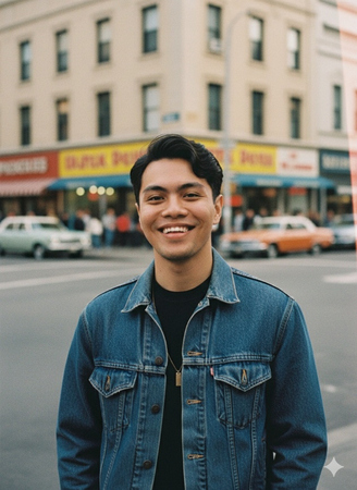 1990s vintage film aesthetic with denim jacket and colorful street corner