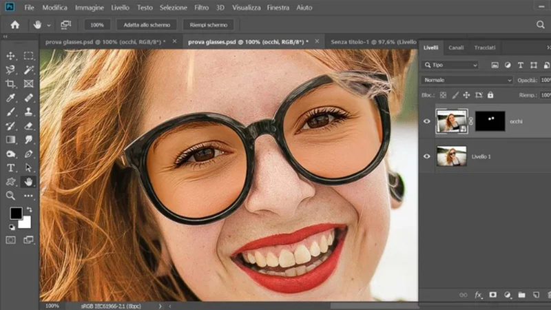 adding a layer mask to reveal clear eye details inside lenses
