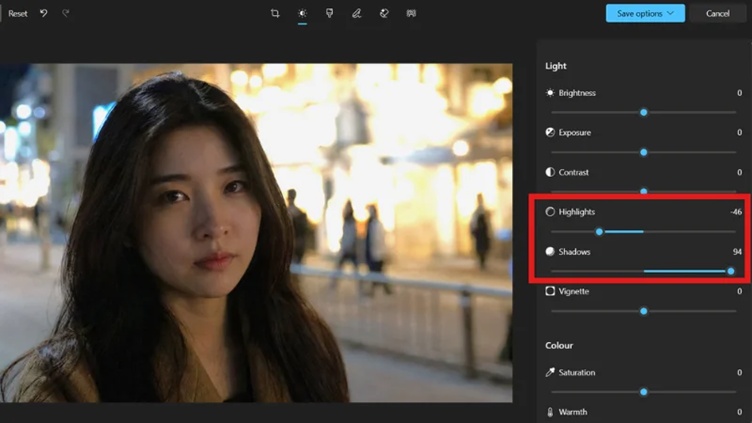 adjusting shadows and highlights to reveal facial details