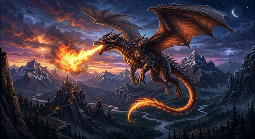 Adobe Firefly Western dragon wallpaper output, wings fully extended, breathing fire over a mountain kingdom