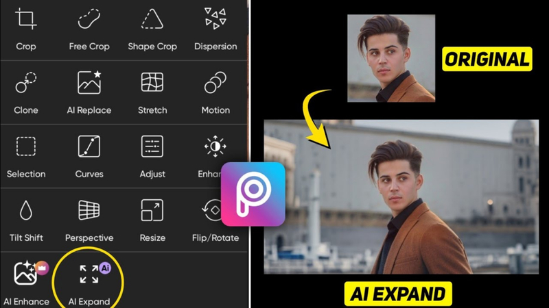ai image extender picsart tool interface showing expansion options