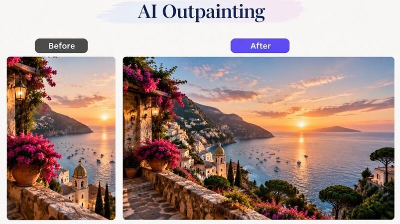 AI outpainting before and after comparison of a coastal landscape photo