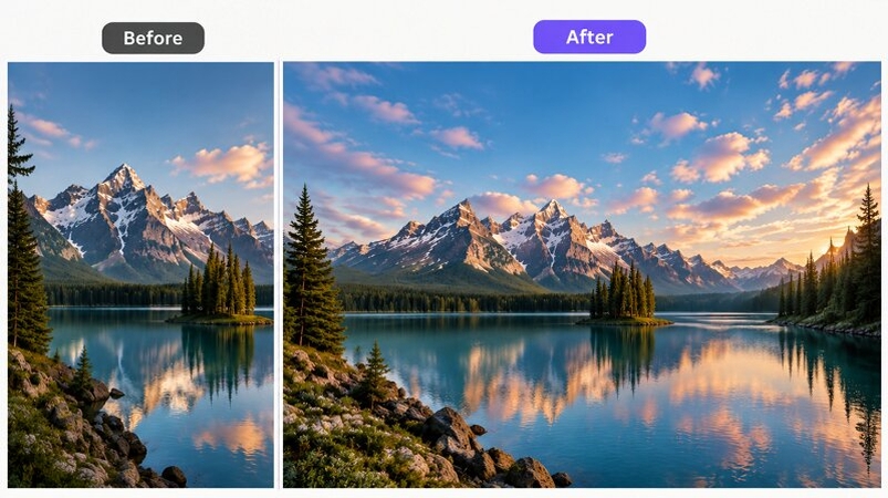 Before and after AI outpainting expansion of a mountain lake landscape photo