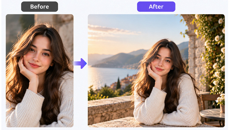 Before and after AI outpainting expansion of a portrait photo