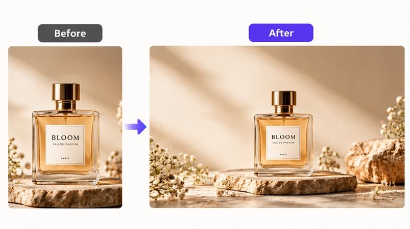 Before and after AI outpainting expansion of a perfume bottle product photo
