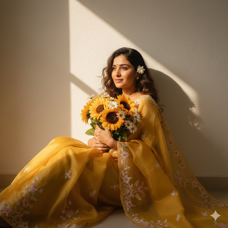 woman in yellow saree holding sunflowers with soft lighting
