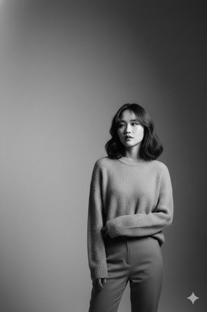 classic black-and-white half-length portrait with soft lighting