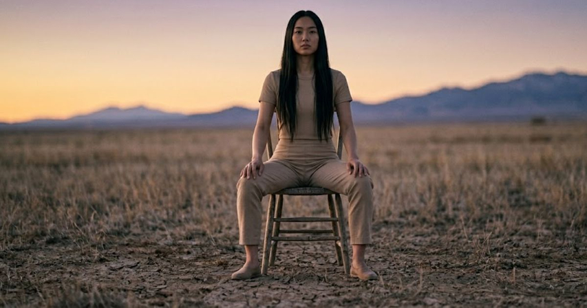 calm guardian seated aura farming pose in open field at dusk