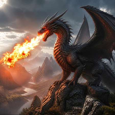 Canva Magic Media dragon wallpaper output, dragon breathing fire while perched on a rocky cliff