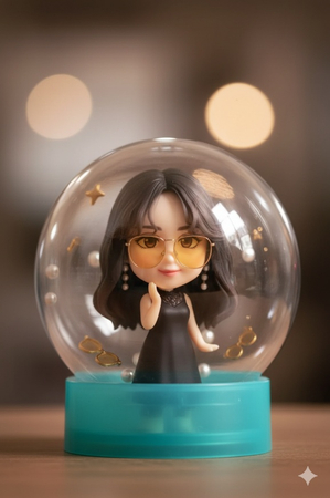 cute chibi figure in gashapon-style capsule with soft lighting.