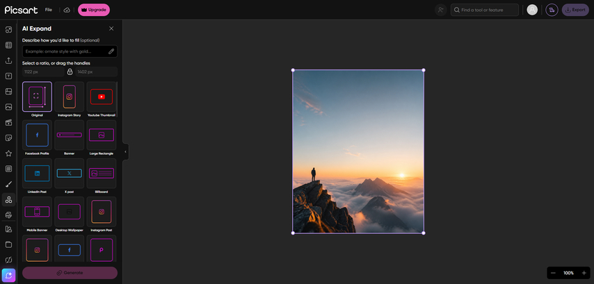 choose aspect ratio in picsart image extender for expanding photo