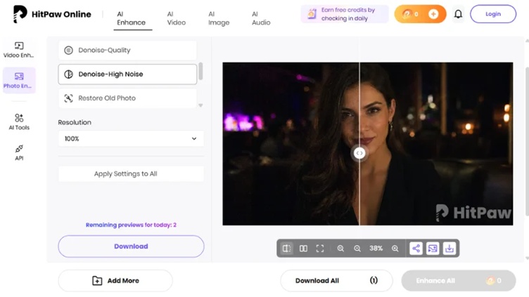 comparing the original and enhanced portrait with split preview