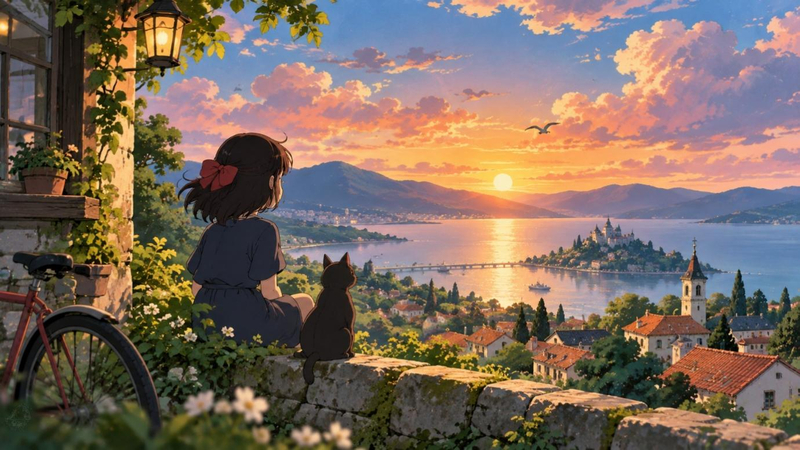 Ghibli-style anime scene with a girl and cat overlooking a dreamy coastal town at sunset