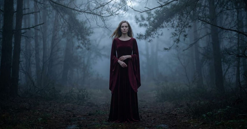 dark feminine elegant aura farming portrait night forest