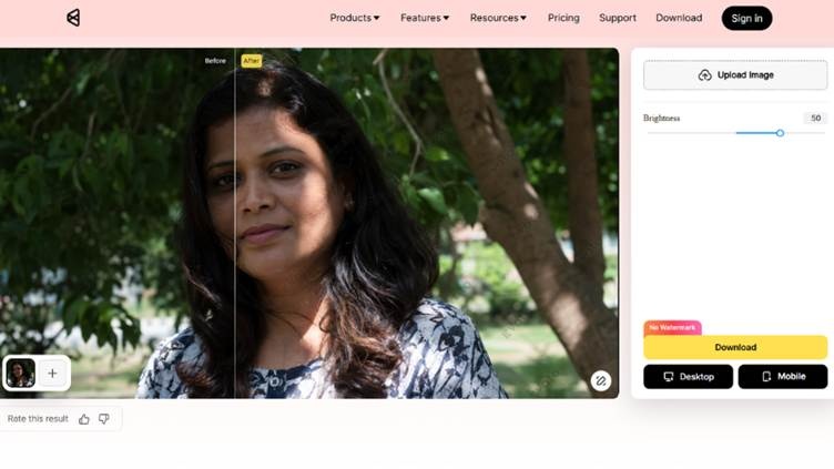 reviewing and downloading a portrait brightened with evoto