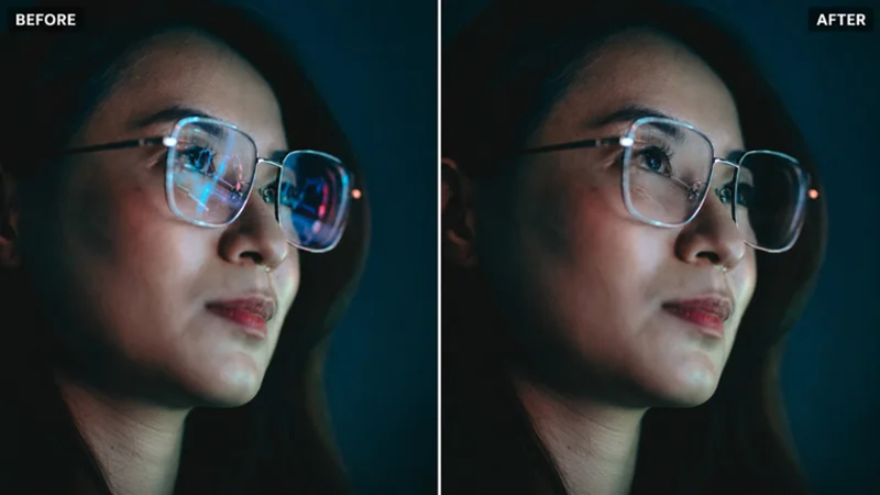 glasses reflections before and after evoto ai removal