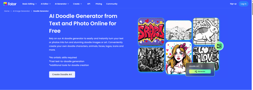 homepage screenshot of fotor ai doodle generator